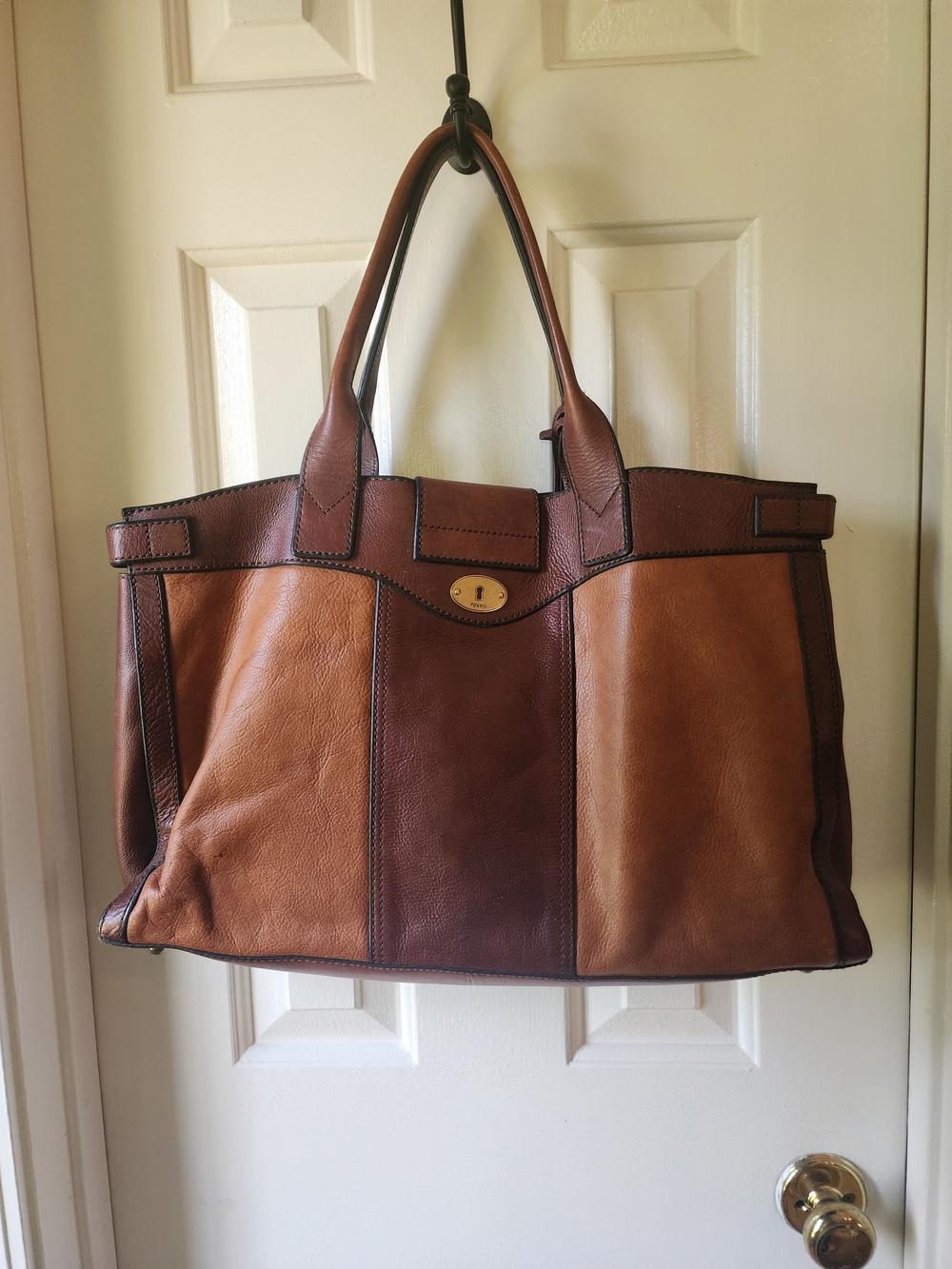 FOSSIL Vintage Two-Tone Brown Leather Tote Bag - Picture 2 of 11